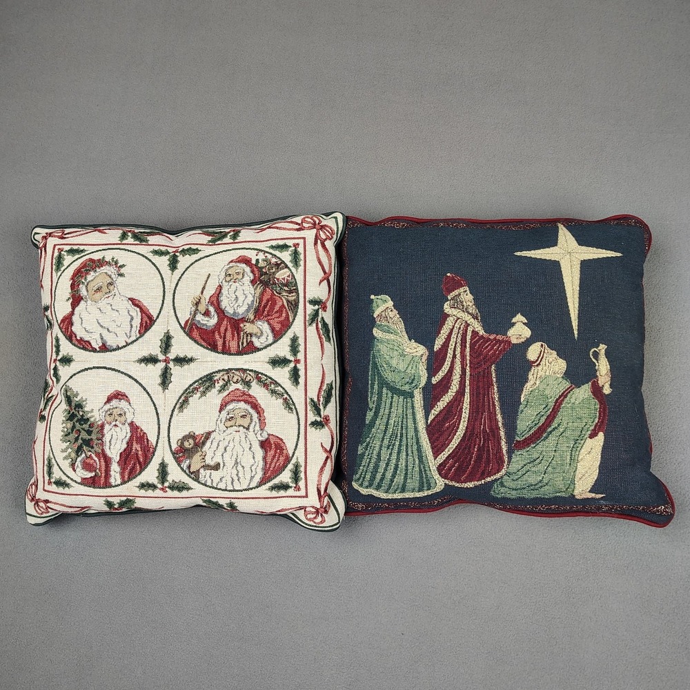 Riverdale Christmas Tapestry Throw Pillow Lot (2) 3 Wise Men / Santa Clause 13"